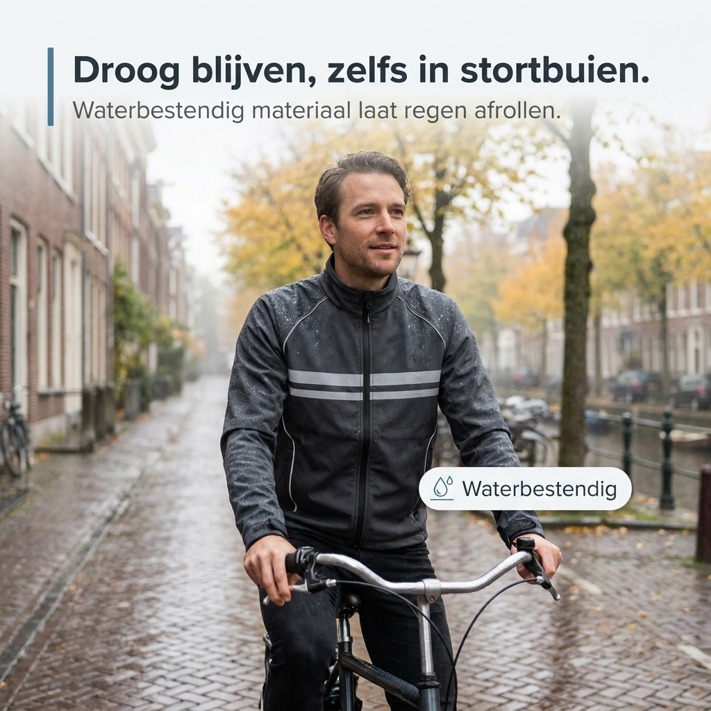 Vandtæt, vindtæt og åndbar cykeljakke med ventilationsåbninger under armene og reflekterende striber