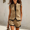 Kvinders Scallop Trim Knap Vest og Shorts Sæt