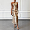 Kvinders One-Shoulder Pleated Talje-Indsnævring Midi Kjole