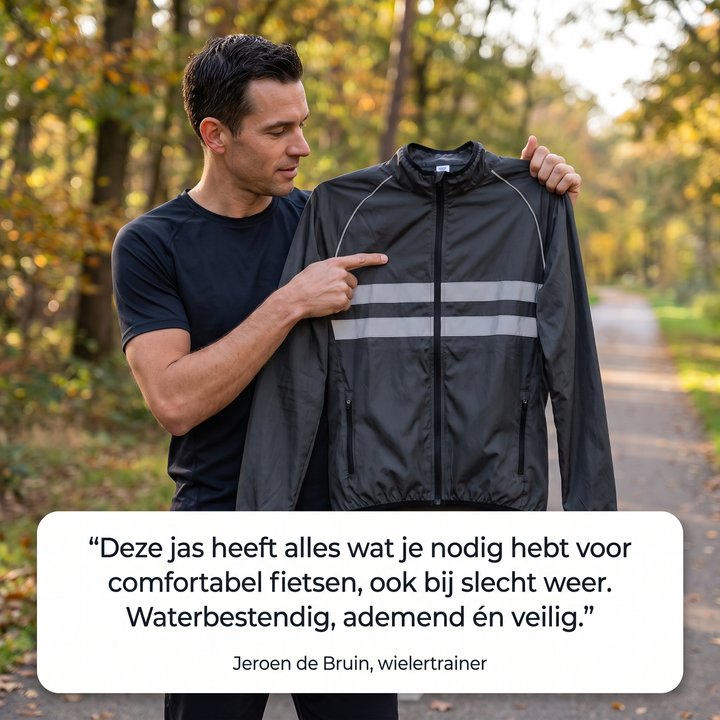 Vandtæt, vindtæt og åndbar cykeljakke med ventilationsåbninger under armene og reflekterende striber