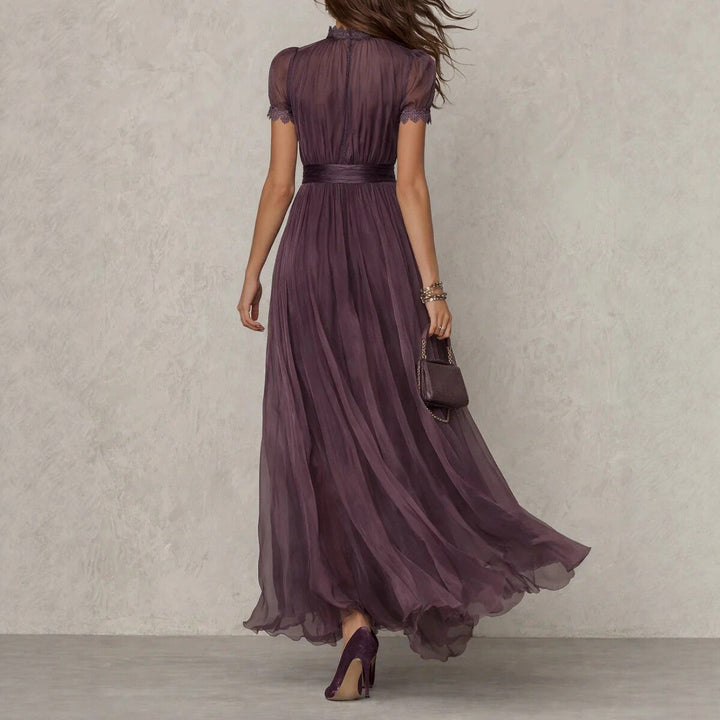 Elegant High-neck Purple Lace-spliced Flowing Maxi Dress
