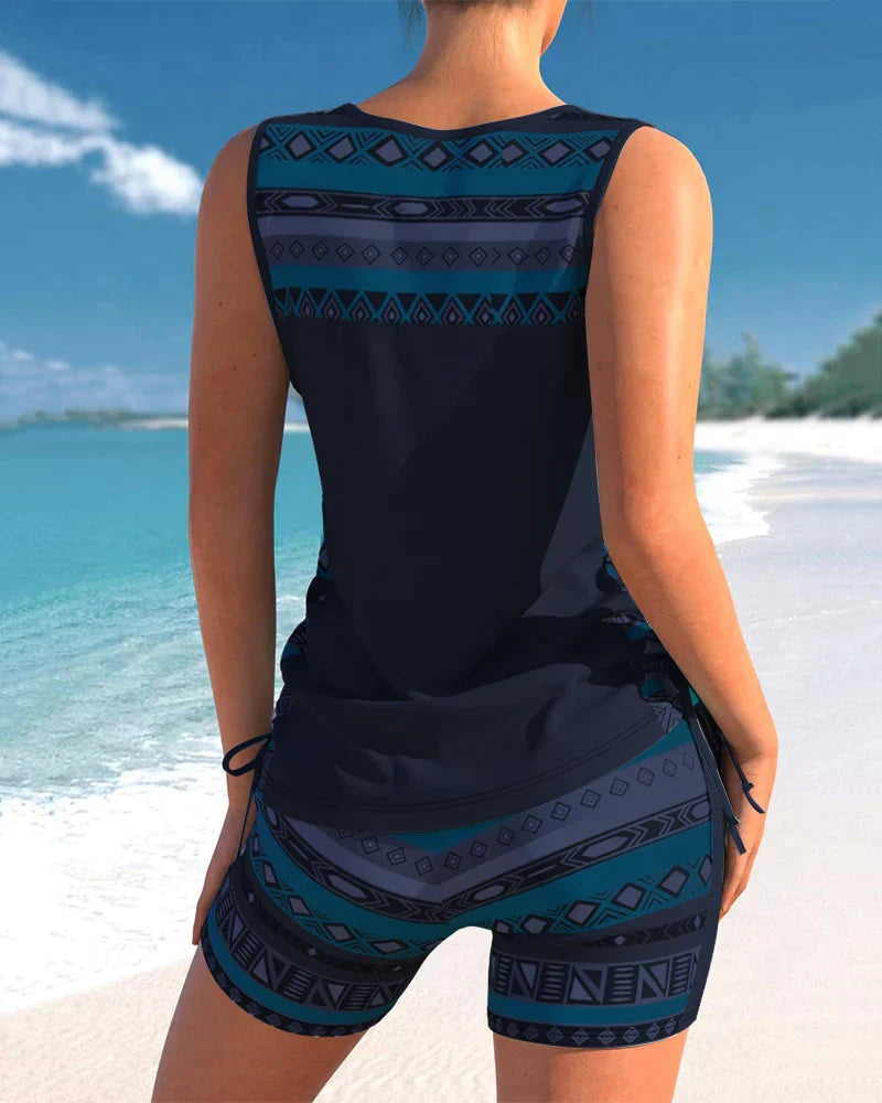 Trendy badetøj med V-hals og geometrisk mønster – Tankini-sæt Madonna