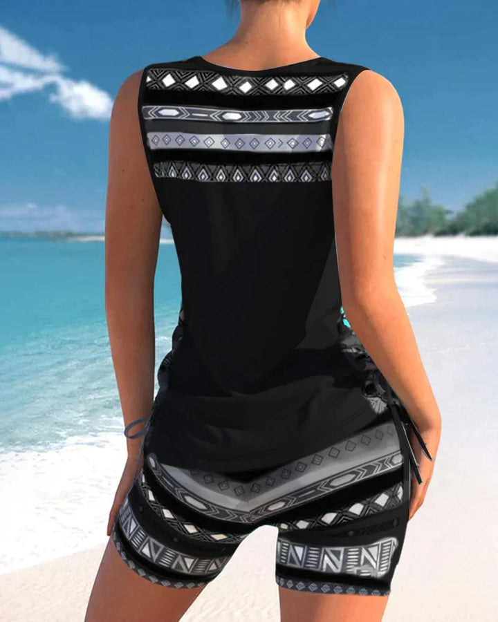 Trendy badetøj med V-hals og geometrisk mønster – Tankini-sæt Madonna