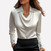 Dame Satin Bluse med Draperet Krave