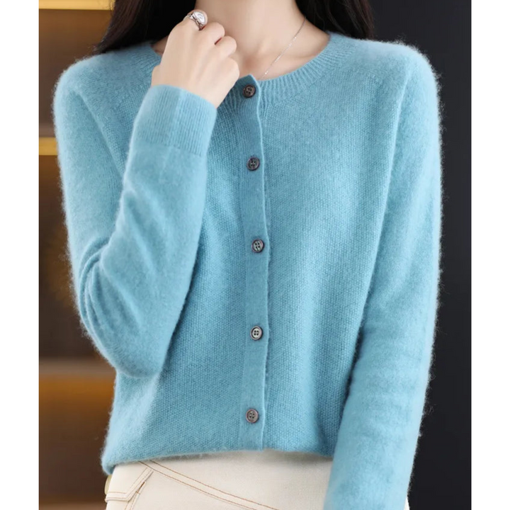 Cardigan til damer i merinould og kashmir – elegant vinterstrik med rund hals