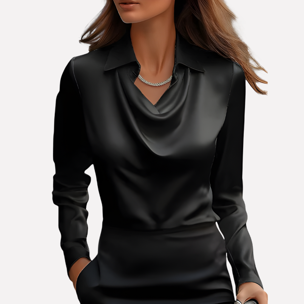 Dame Satin Bluse med Draperet Krave
