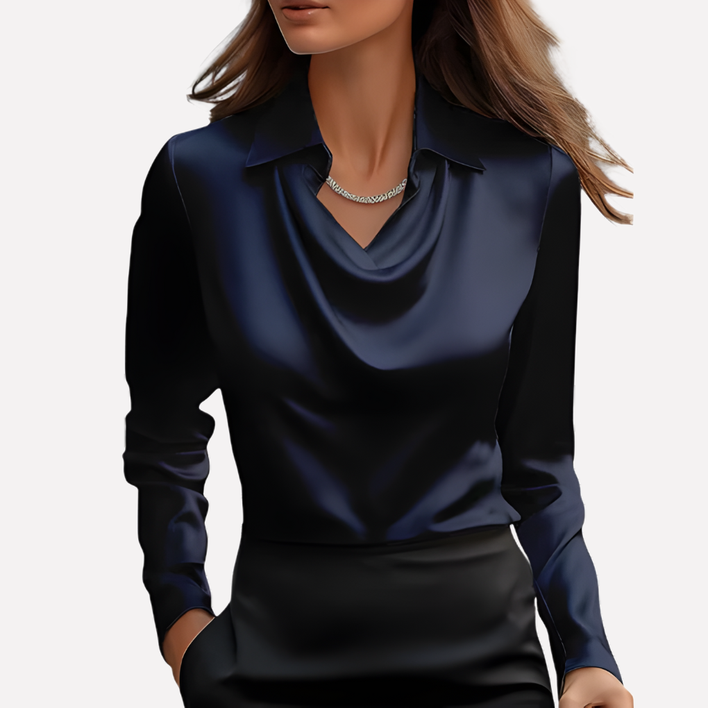 Dame Satin Bluse med Draperet Krave