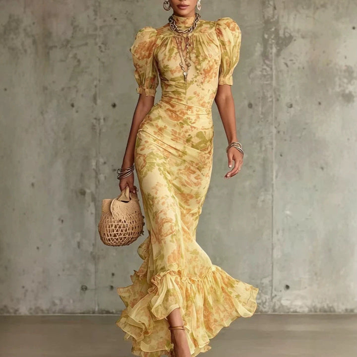 Puff-sleeve Printed Slim-fit Long Pleated Dress