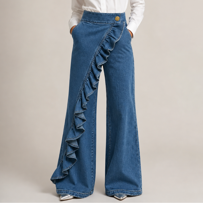 Vide jeans til damer med asymmetrisk volant i culotte-stil.