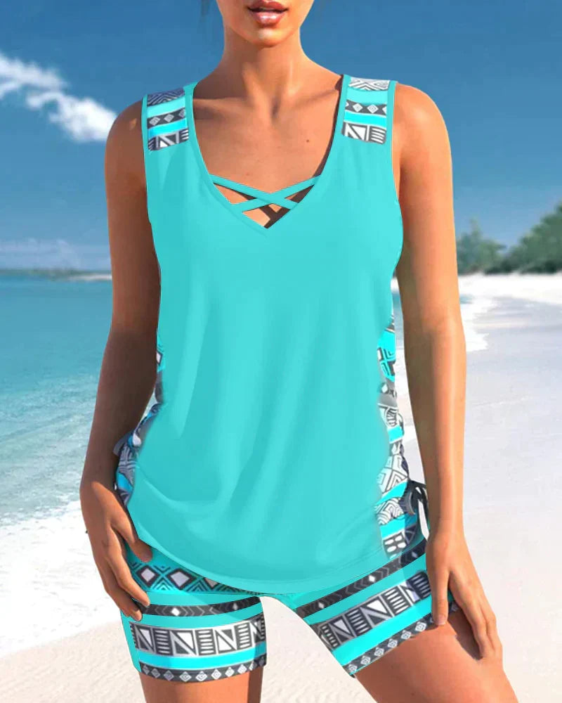 Trendy badetøj med V-hals og geometrisk mønster – Tankini-sæt Madonna