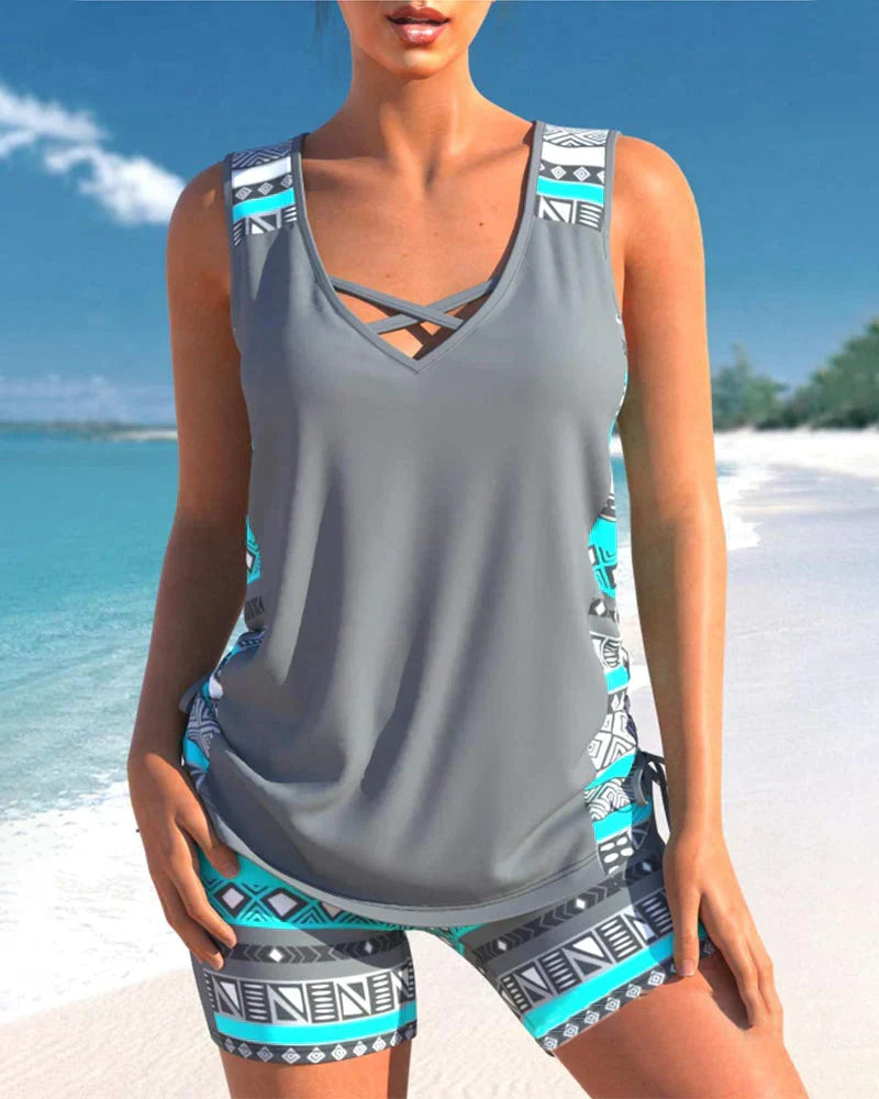 Trendy badetøj med V-hals og geometrisk mønster – Tankini-sæt Madonna
