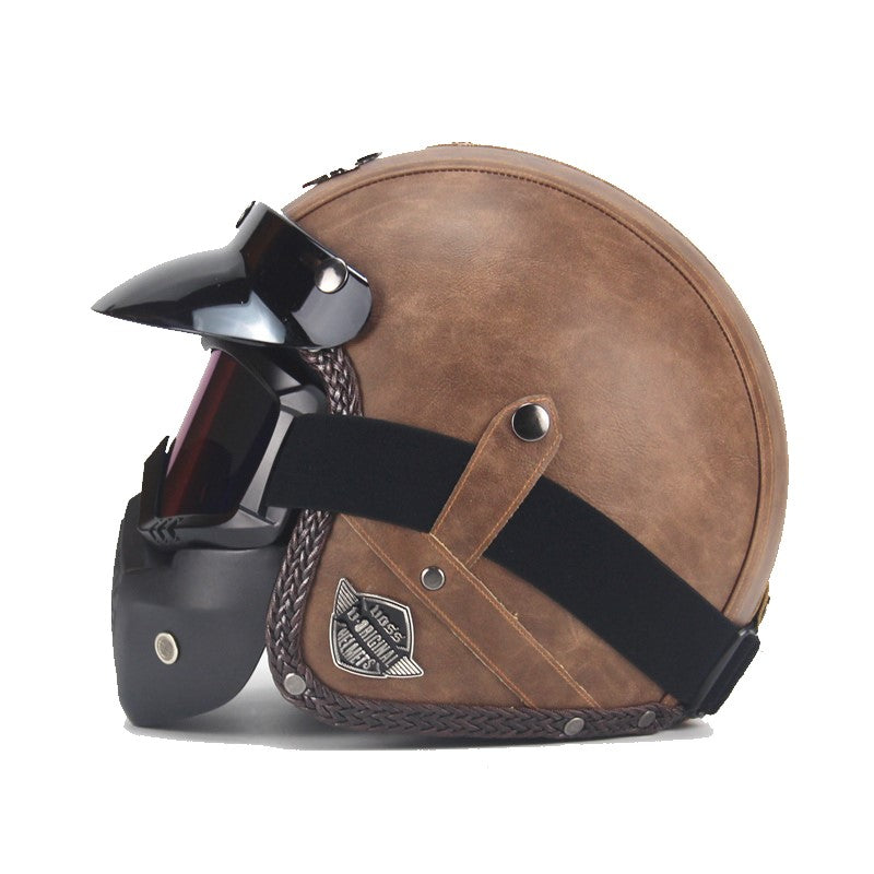 Vintage motorcykelhjelm i PU-læder med visir og brillemaske