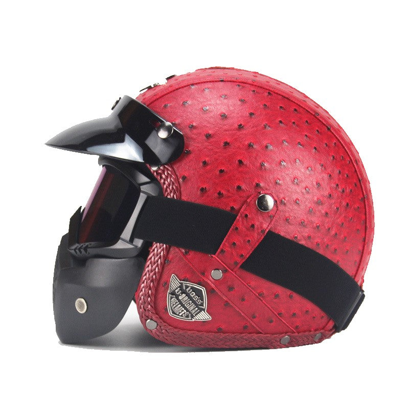 Vintage motorcykelhjelm i PU-læder med visir og brillemaske