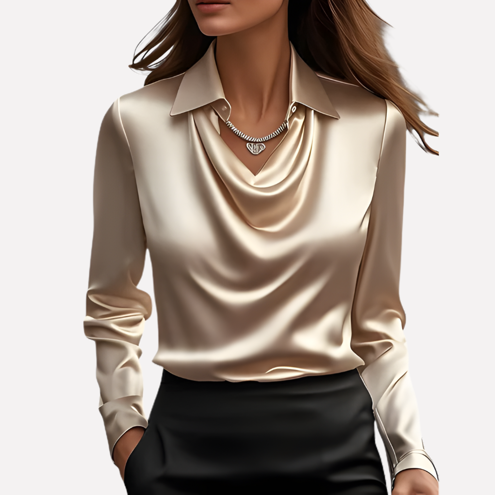 Dame Satin Bluse med Draperet Krave