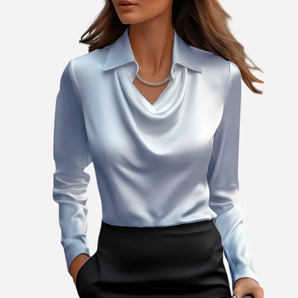 Dame Satin Bluse med Draperet Krave