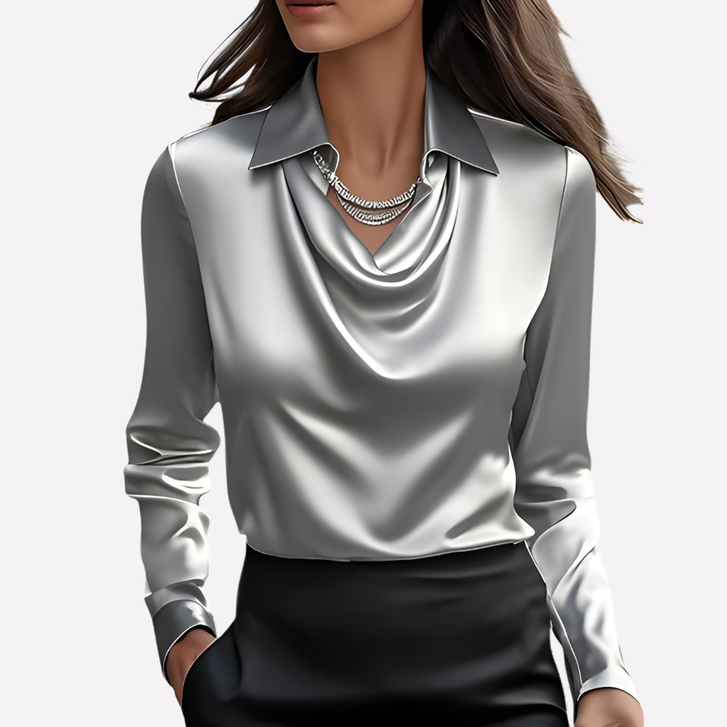 Dame Satin Bluse med Draperet Krave