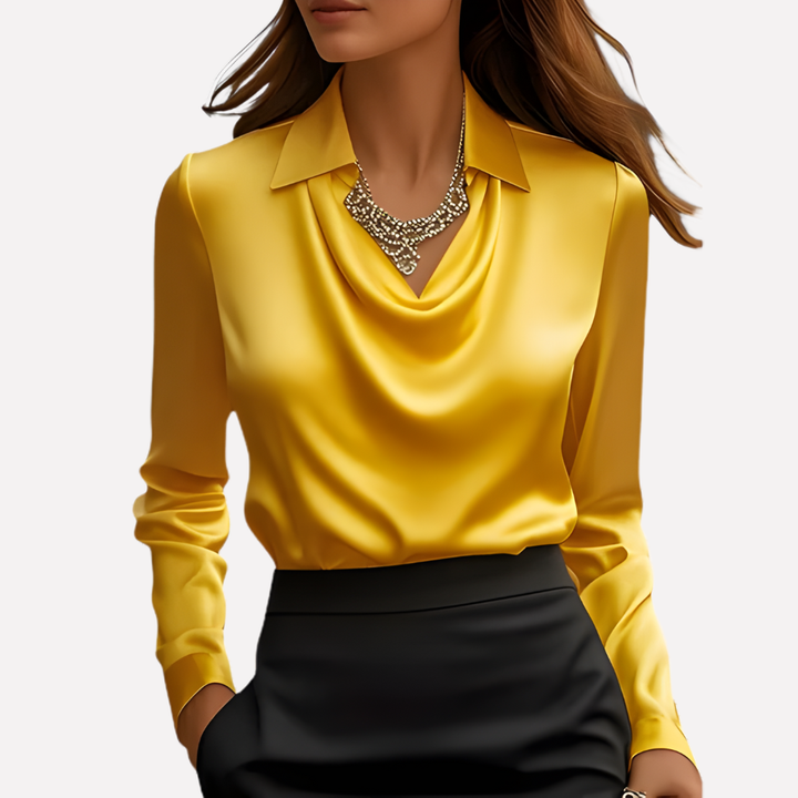 Dame Satin Bluse med Draperet Krave