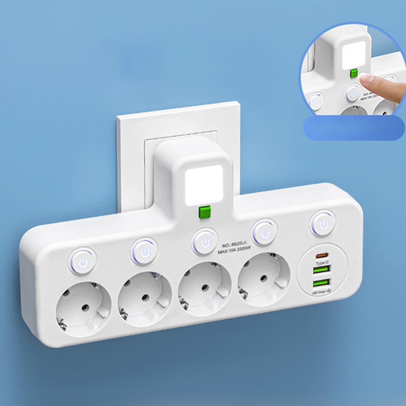 Stikdåse med USB og afbrydere | Multistikdåse med overspændingsbeskyttelse 2500 W