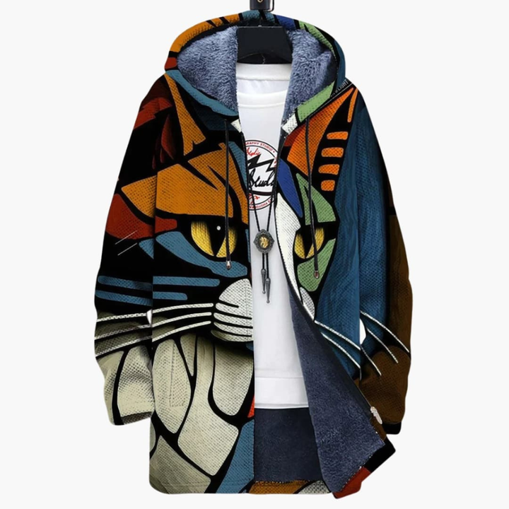 Unisex hættetrøje med lynlås og katteprint design