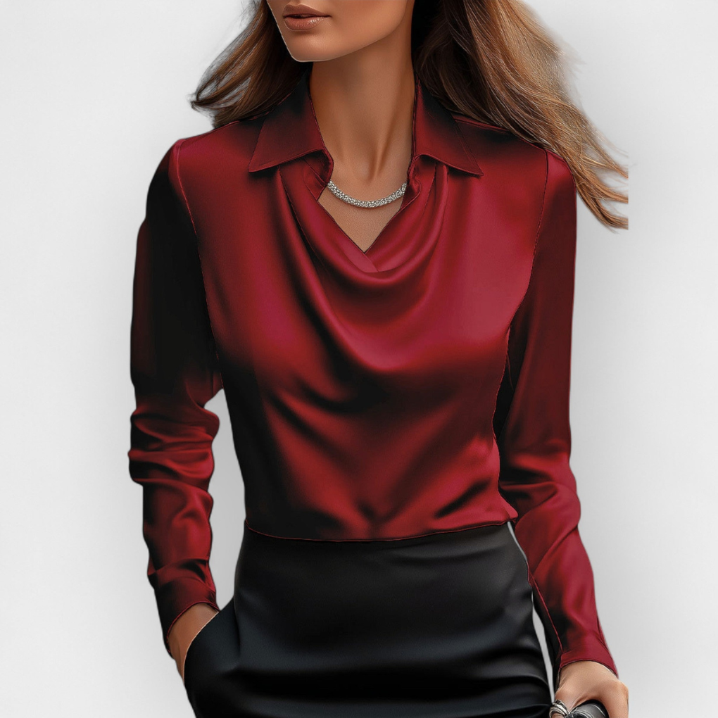 Elegant satinbluse med vandfaldskrave