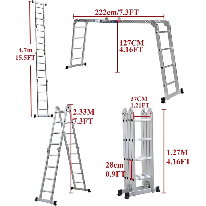 14-i-1 multifunktionel kombinationstige i aluminiumslegering 4,7 m/15,5 ft sammenklappelig trappestige med en kapacitet på 150 kg/330 lbs
