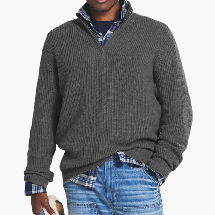 Herre Ribbet Strikpullover med Halv-Zip Krave