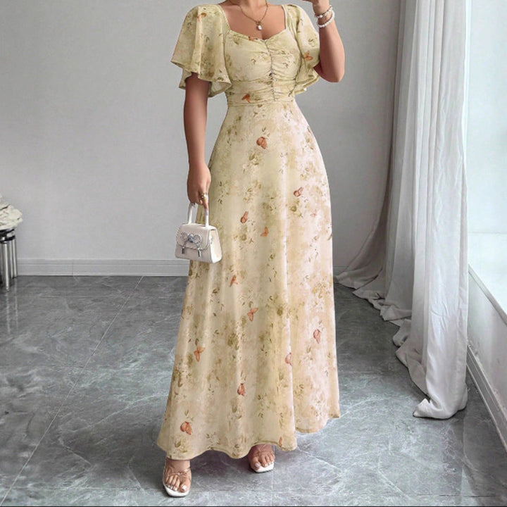Flowers Printed Lotus Sleeve Dress Summer Elegant Slim Dresses Women's Clothing