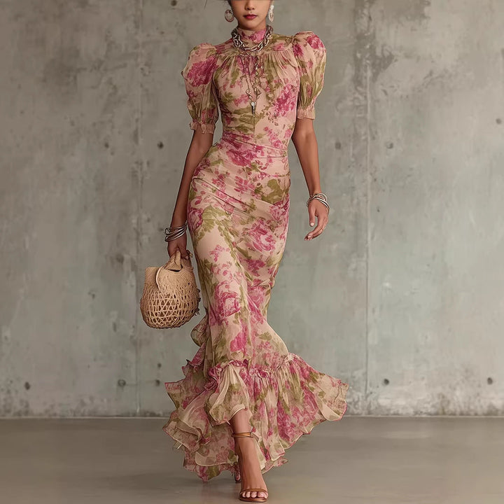 Puff-sleeve Printed Slim-fit Long Pleated Dress