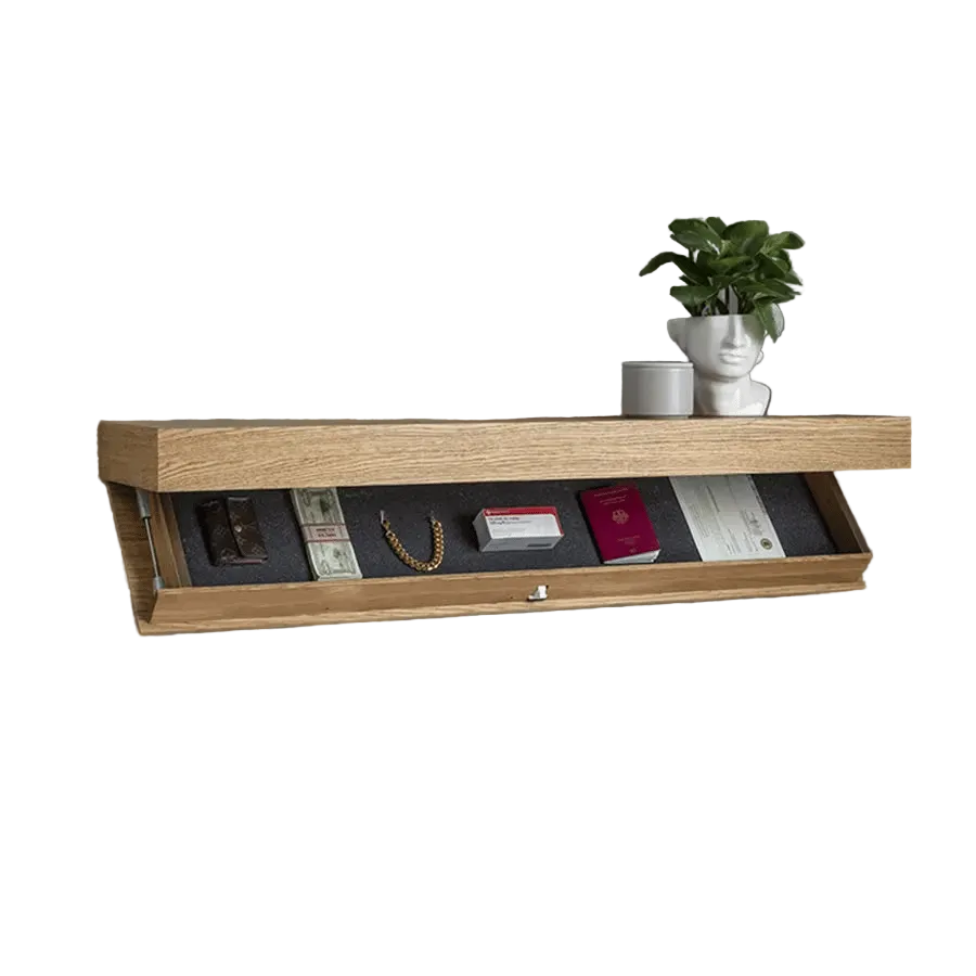 Vægreol af massivt træ med skjult rum | minimalistisk design