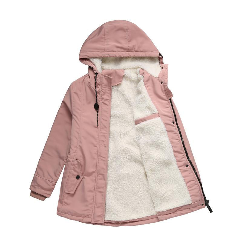 Parka til damer med hætte og fleecefor, snøre i hætten og lommer med klap