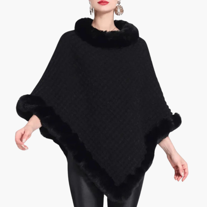 Kvindernes Strikkede Poncho med Falsk Pelskant og Oversized Pasform