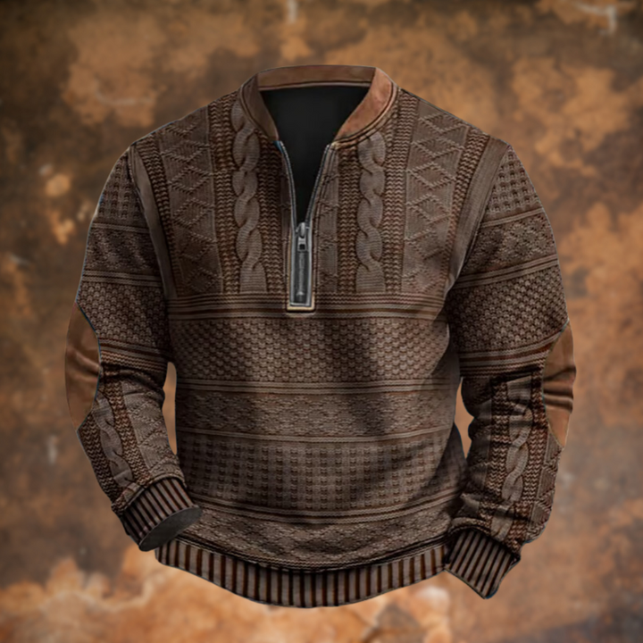 Strikpullover til mænd med halv lynlås og albuelapper