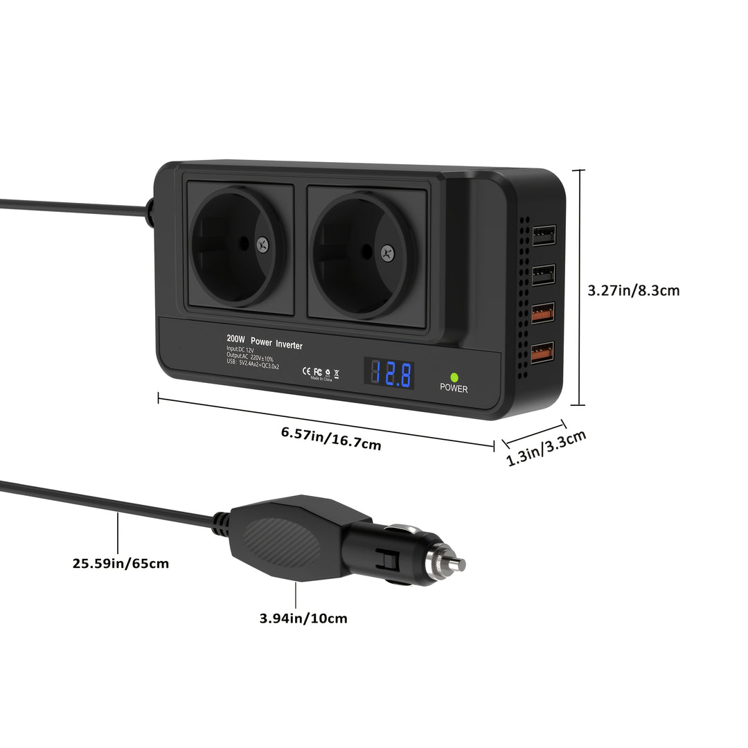 Kompakt biladapter 200W – Dobbelt stikkontakt & fire USB-porte