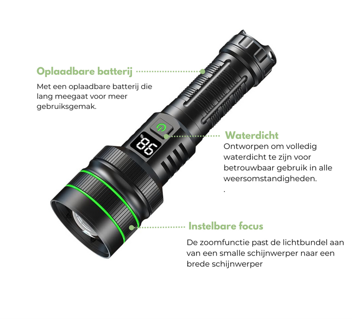 Ekstra kraftig og zoombar LED-lommelygte - PowerBeam