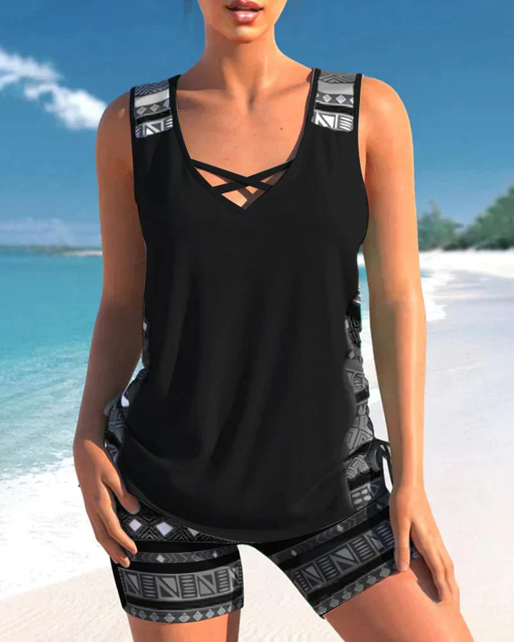Trendy badetøj med V-hals og geometrisk mønster – Tankini-sæt Madonna