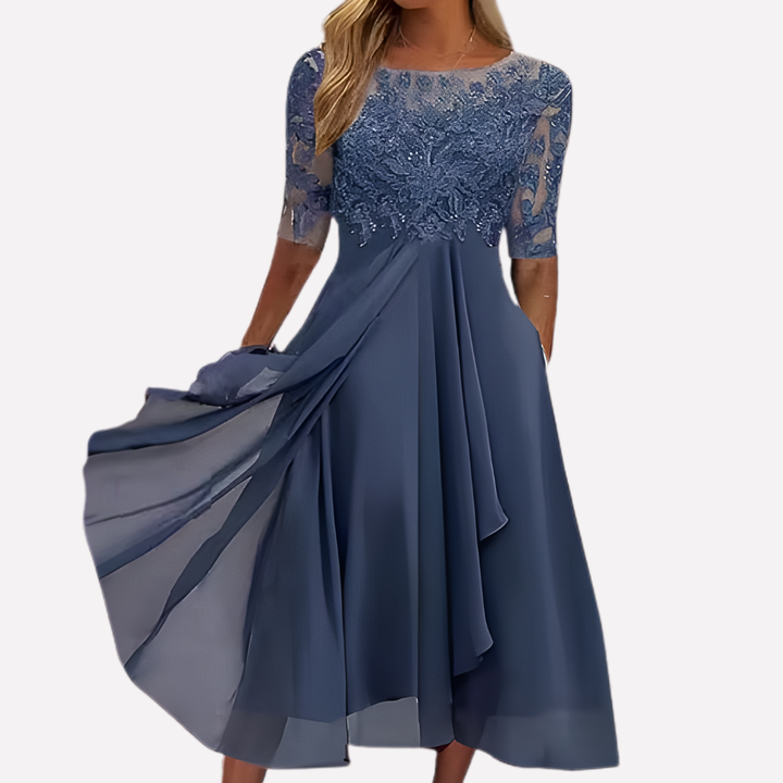 Kvinders blomsterprintet blonde chiffon aftenkjole