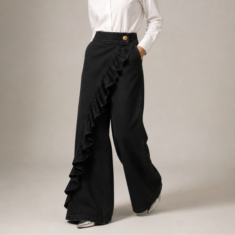 Vide jeans til damer med asymmetrisk volant i culotte-stil.