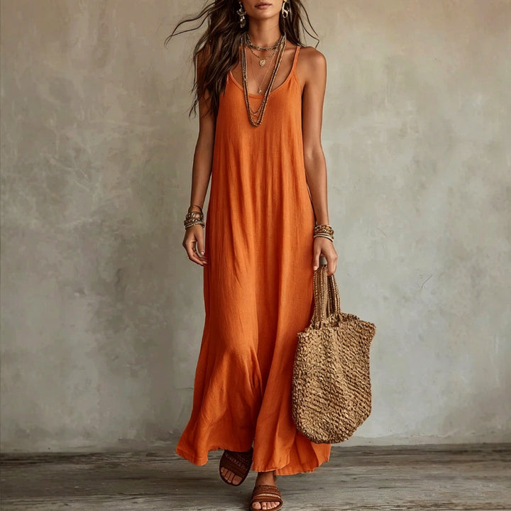 Womens Bohemian Loose-Fit Solid-Color Dress