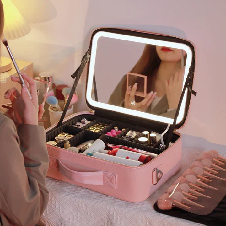 GlowLuxe LED sminketaske | Bærbar skønhedsorganizer med justerbart LED-spejl for et fejlfrit makeup