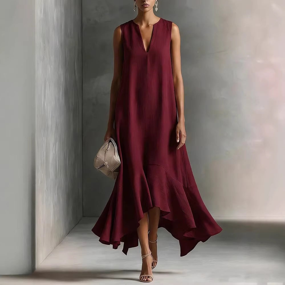 New Stylish Deep V-Neck Sleeveless Elegant Asymmetrical Hemline Dress