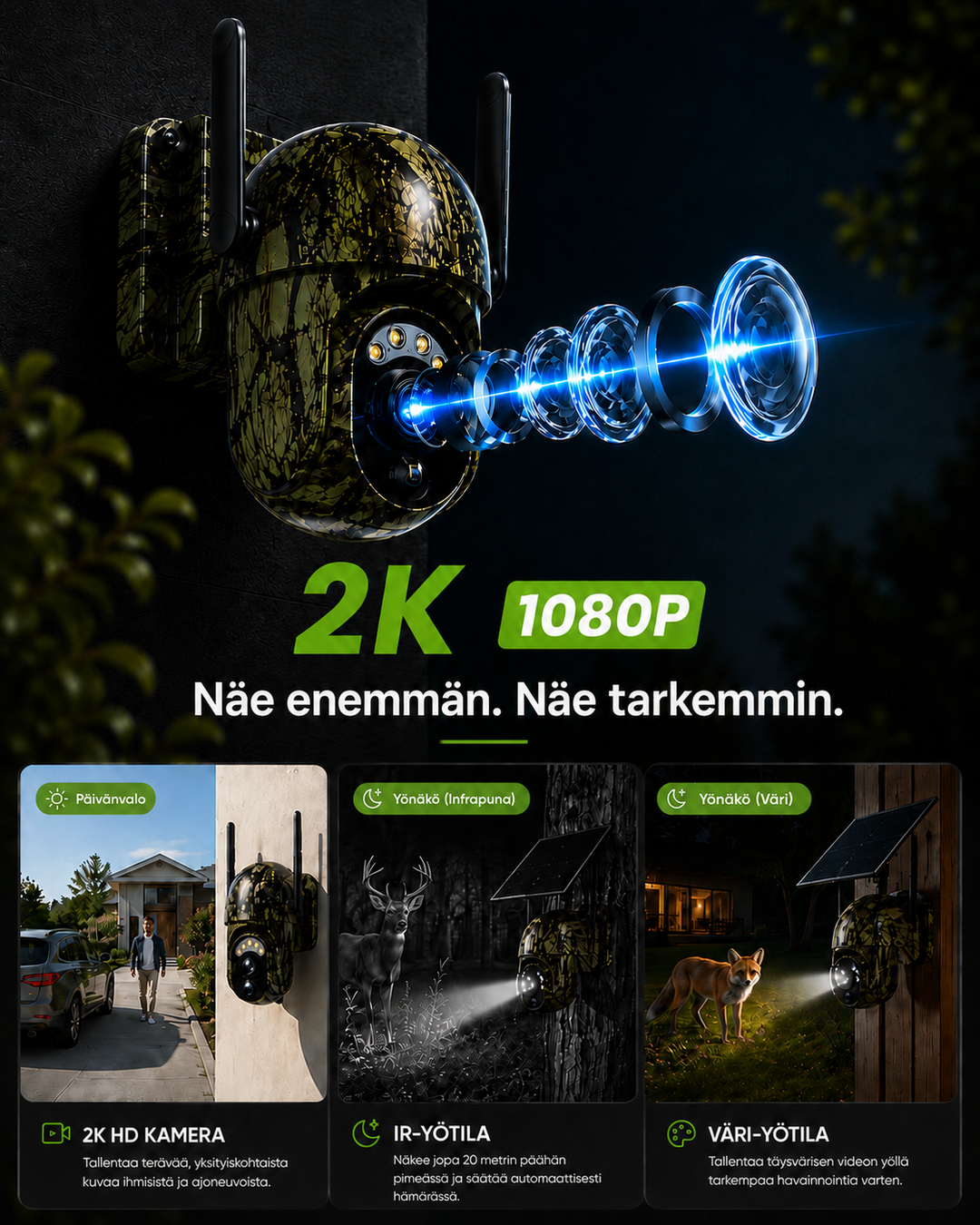 Soldrevet trådløst sikkerhedskamera med 4G LTE eller WiFi, 2K-opløsning, PTZ og nattesyn