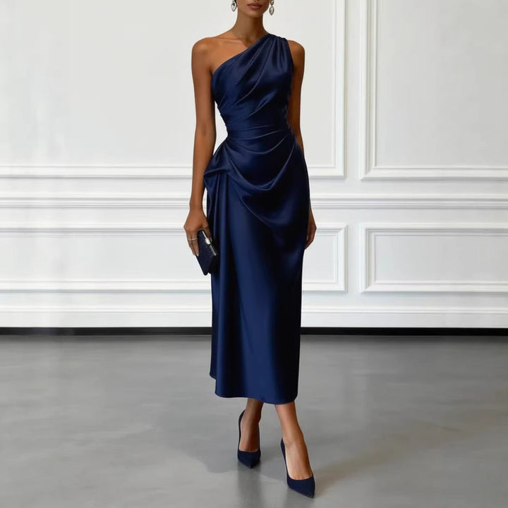 Womens Satin Pleated Waist-cinching Dress