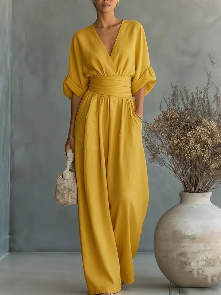 Elegant jumpsuit til kvinder med vidt ben, V-udskæring og flydende snit