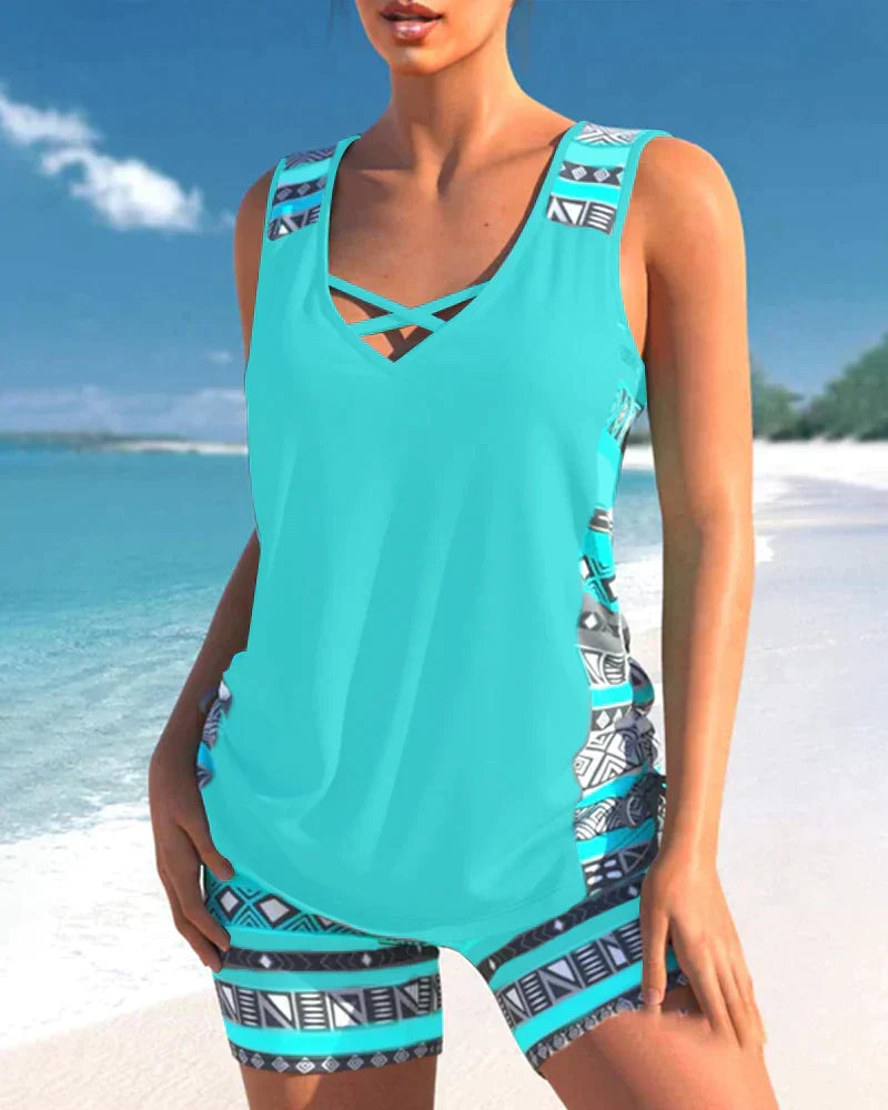 Trendy badetøj med V-hals og geometrisk mønster – Tankini-sæt Madonna