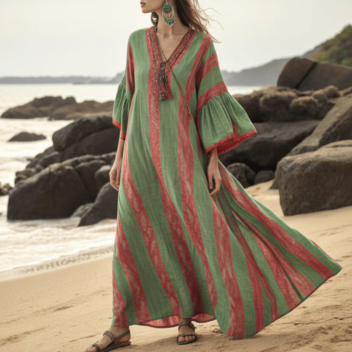 Five-quarter-sleeve Long Caftan Dress With Patch Pockets