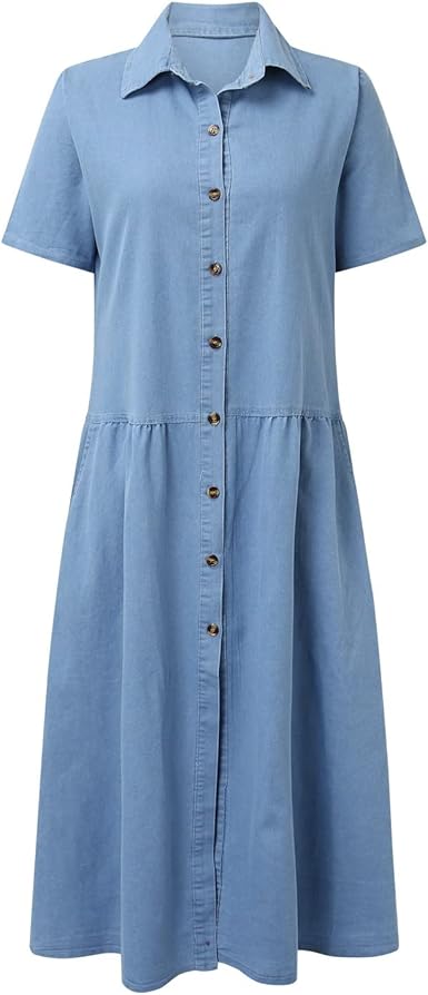 Denim Skjortekjole med Knaplukning og Korte Ærmer