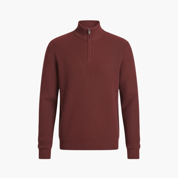 Herre Ribbet Strikpullover med Halv-Zip Krave