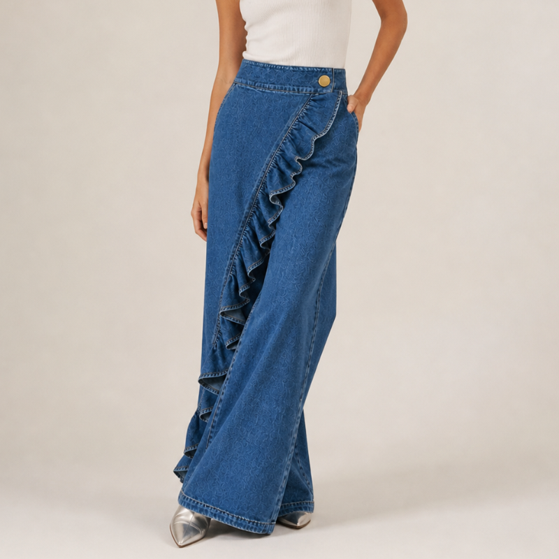 Vide jeans til damer med asymmetrisk volant i culotte-stil.