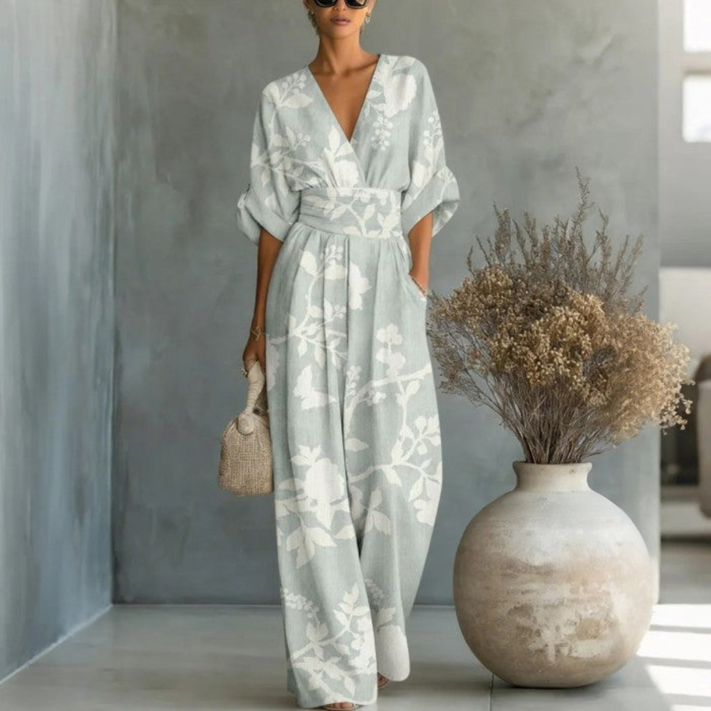 Waist-cinched V-neck Printed Womens Jumpsuit