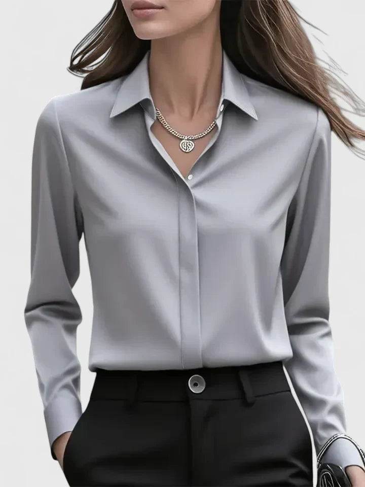 Langærmet satinbluse til damer – elegant kontorbluse